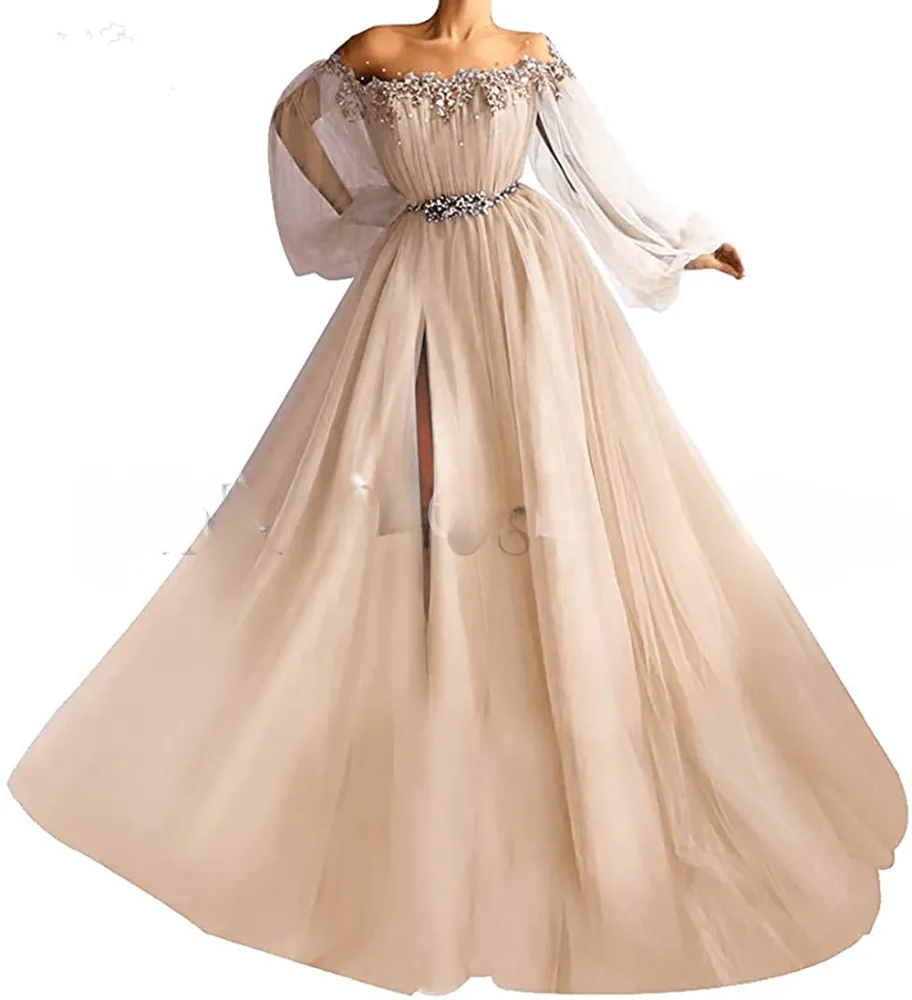 14554 # Langer Ärmel Tüll A-Linie mintgrüne Abendkleider Applikationen Blumen Vestidos De Festa Longo Abendkleid Perlen