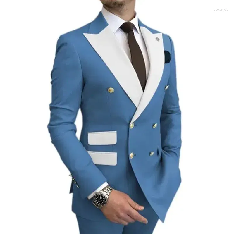 Men's Suits Costumes Formal Light Blue Smoking Pants Gold Buttons Party Tuxedo Dress Double Breasted Men For Wedding Groom