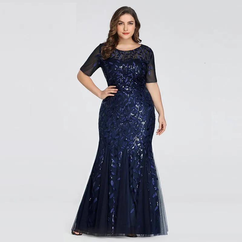 Party Dresses Plus Size Sequin Mesh Mermaid Slim aftonklänning Beaded Leaves Mönster Formella kvinnor Elegant Party Prom -klänningar Kort ärm 230425