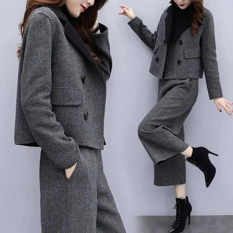 Calças femininas de duas peças blazer terno moda doublebreasted tweed jaqueta cintura elástica solta calças largas 2pcs conjunto de correspondência 231124