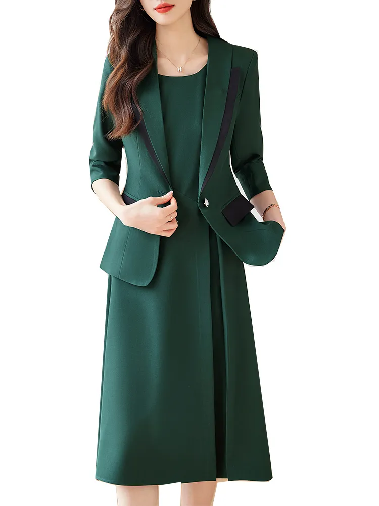 Women's Suits Blazers Spring Autumn Women Ladies Formal Skirt Suit Blazer Khaki Green Black Female Business Interview Work Wear Two Piece Set 230426