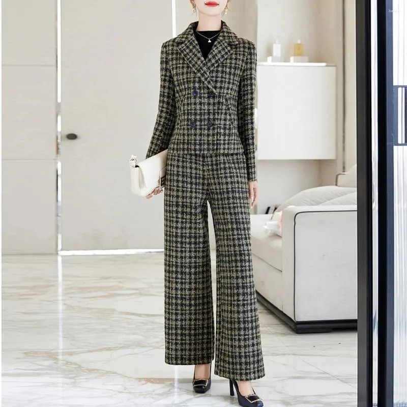 Pantalon de deux pièces pour femmes Femmes Petit Parfum Laine Deux pièces Ensemble Plaid Court Blazers Manteaux Droite Large Jambe Costume Mode Dame Haute