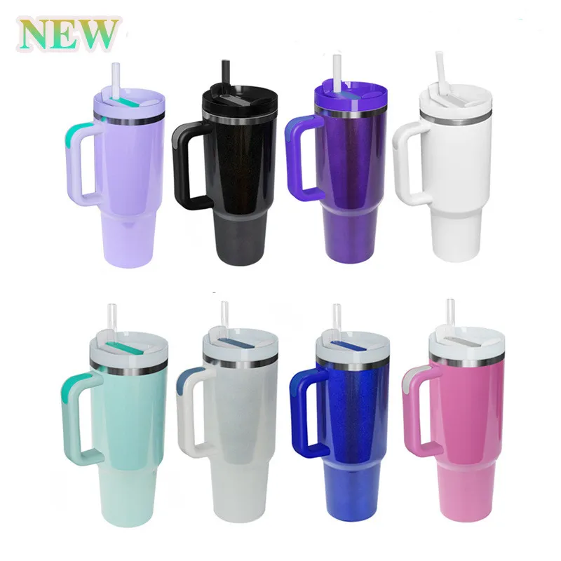 Almacén de existencias Tazas de 40 oz Vaso con purpurina de 2 generaciones con asa Tapas Paja Café de acero inoxidable Gran capacidad Cerveza Vino Botella de agua Taza para acampar al aire libre mar B5