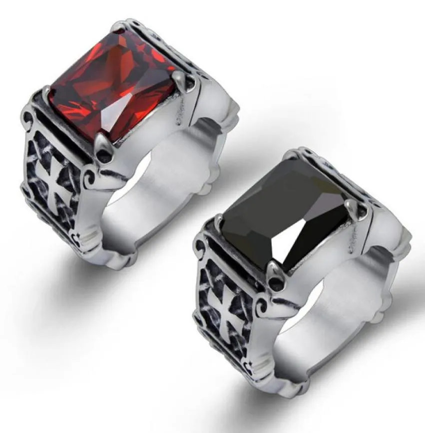 Moda de alta qualidade hiphop vermelho/preto grande strass pedra motociclista masculino prata aço inoxidável punk design anel 7-12 #7826899