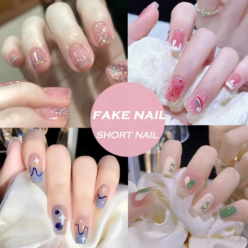 False Nails 24pcs French Fake Short Art Nail Tips Press Stick on with Designs Full Cover Artificial Pink Wearable Clear 230425