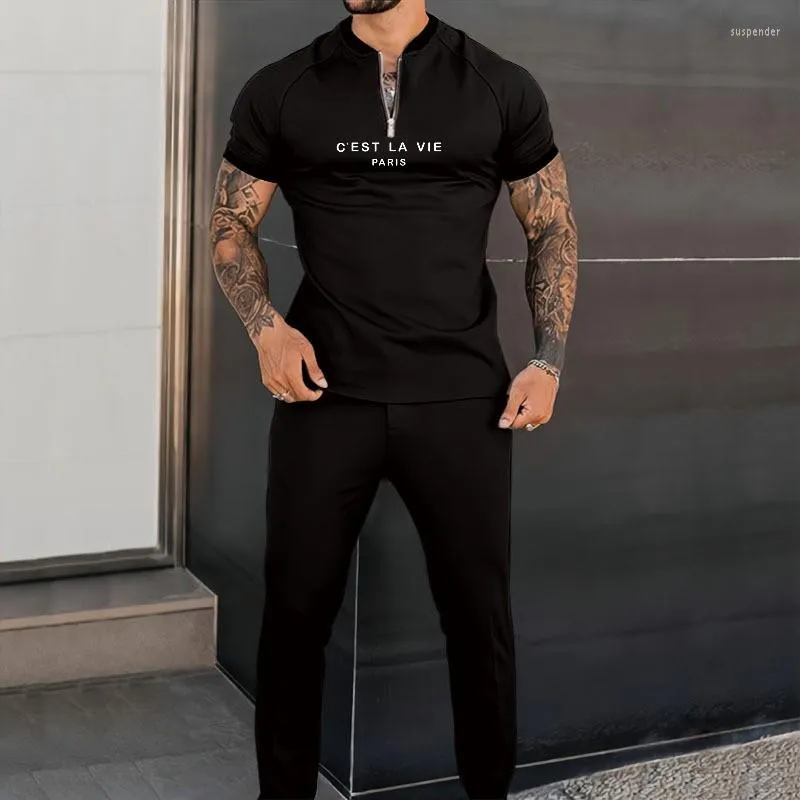 Herrspåriga våren Summer Men's Short Sleeved Trousers Sport Set Pure Color Zip Sleeve T Shirt Casual Clothing Suit