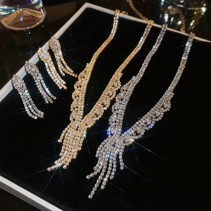 Ожерелья с подвесками, комплект из 2 предметов, серьги-гвоздики с кисточками и цирконием, ожерелье из настоящего золота, свитер с ключицами для женщин