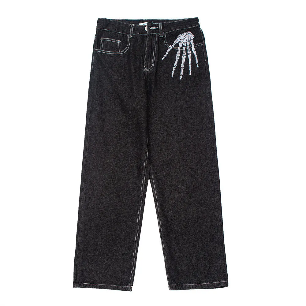 Herr jeans mörka streetwear skelett broderi punk svarta män hip hopp jeans byxor rak casual wide denim byxor pantalons capris 230425