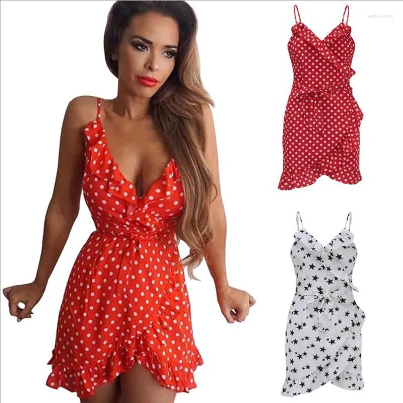 Casual jurken yx-8053 vrouwen zomer polka dot spaghetti riem onregelmatige jurk v nek flare mouw foure asymmetrische zoom vestido