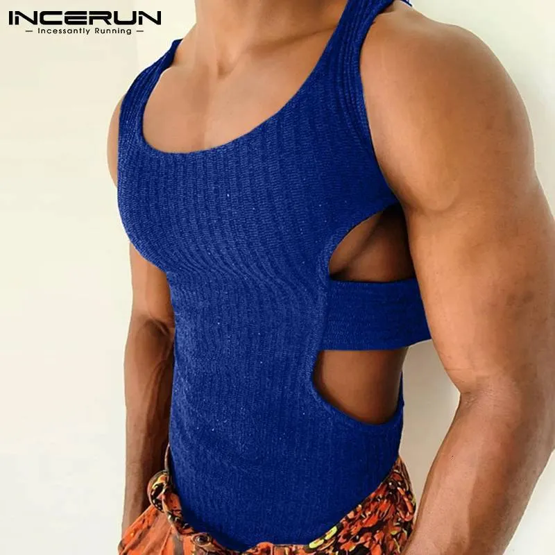 Herren Tanktops Herren Tanktops Einfarbig Eineck Ärmellos Streetwear Aushöhlen Unregelmäßige Westen Dünn Mode Sexy Herren Kleidung INCERUN 7 230425