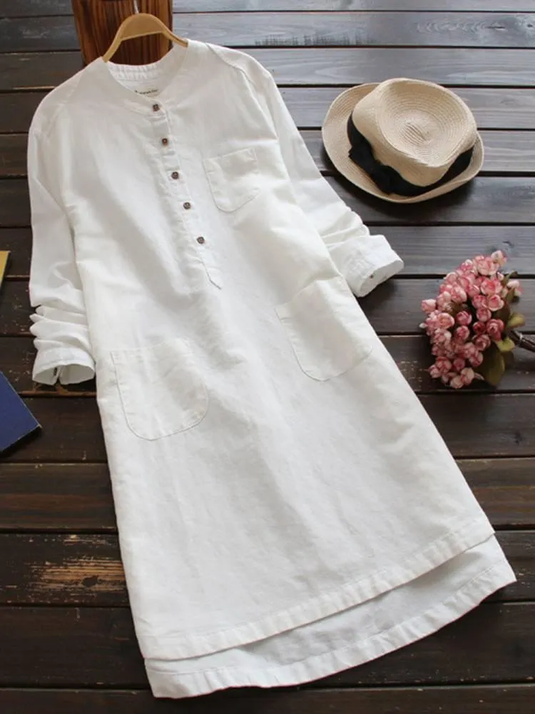 Dresses ZANZEA Women Vintage Long Sleeve Solid Mini Dress 2022 Autumn Cotton Linen Shirt Vestido Casual Long Top Blusas Robe Femininas