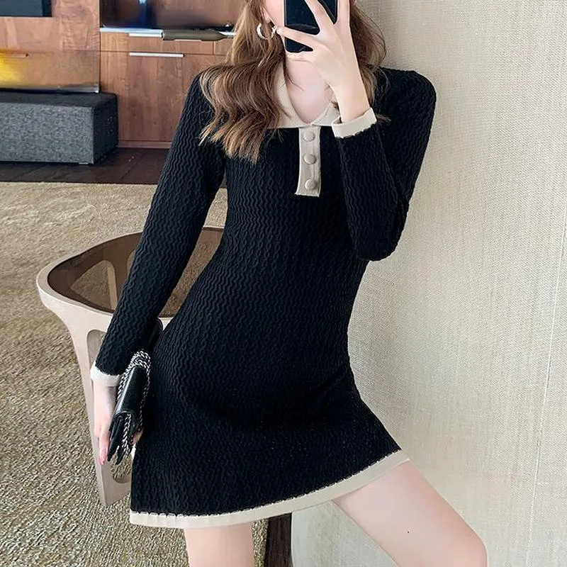Vestidos casuales Suéter de punto Mini vestido Mujer Ropa Sólido Delgado Elegante Una pieza Oficina Señora Coreano Básico Invierno 2023
