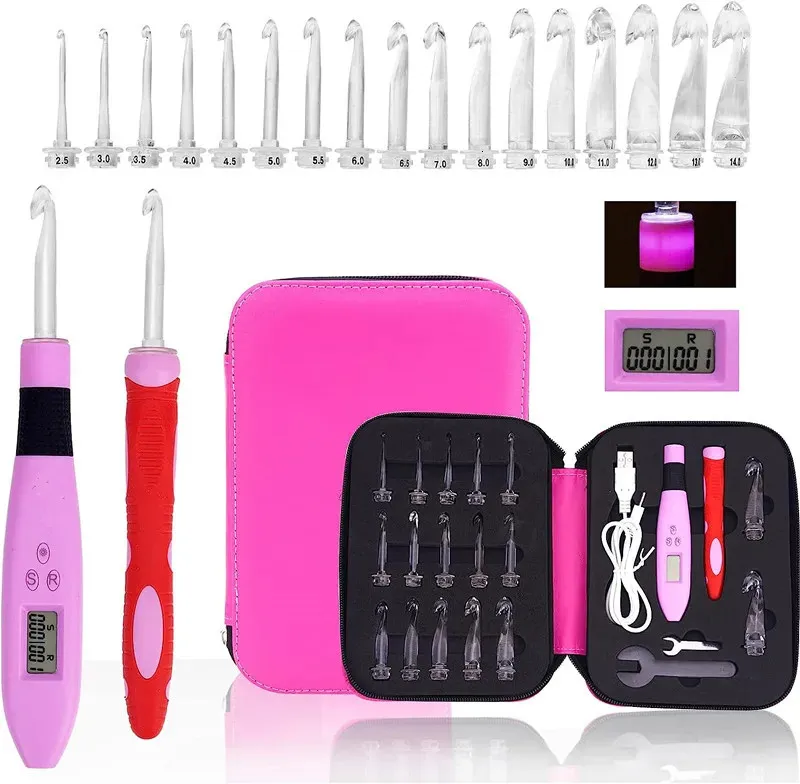 Needle 17pcs Crochet Hook Set with Counter Ergonomic Knitting Needles Kit Led Light Row Digital DIY Tool for 231124