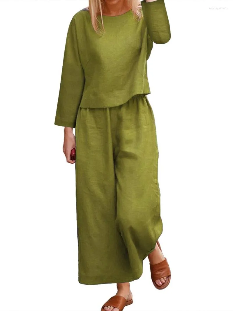 Calças femininas de duas peças 2023 conjunto de linho de verão conjuntos femininos de pantalon verde mujer elegante crop top conjuntos de perna larga conjunto casual baice terno
