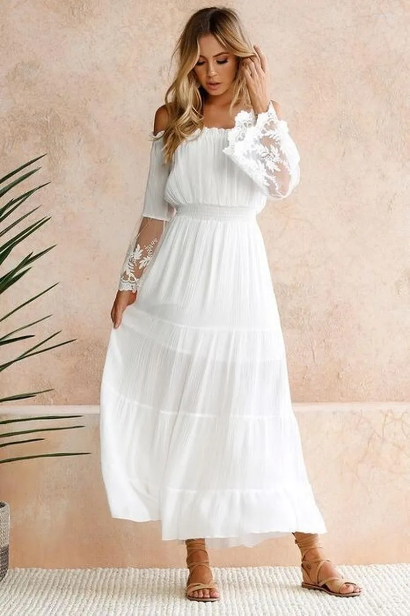 Casual jurken Off schouder losse chiffon avondjurk kant maxi lang feest vrouwen elegante mouw witte mantel femme