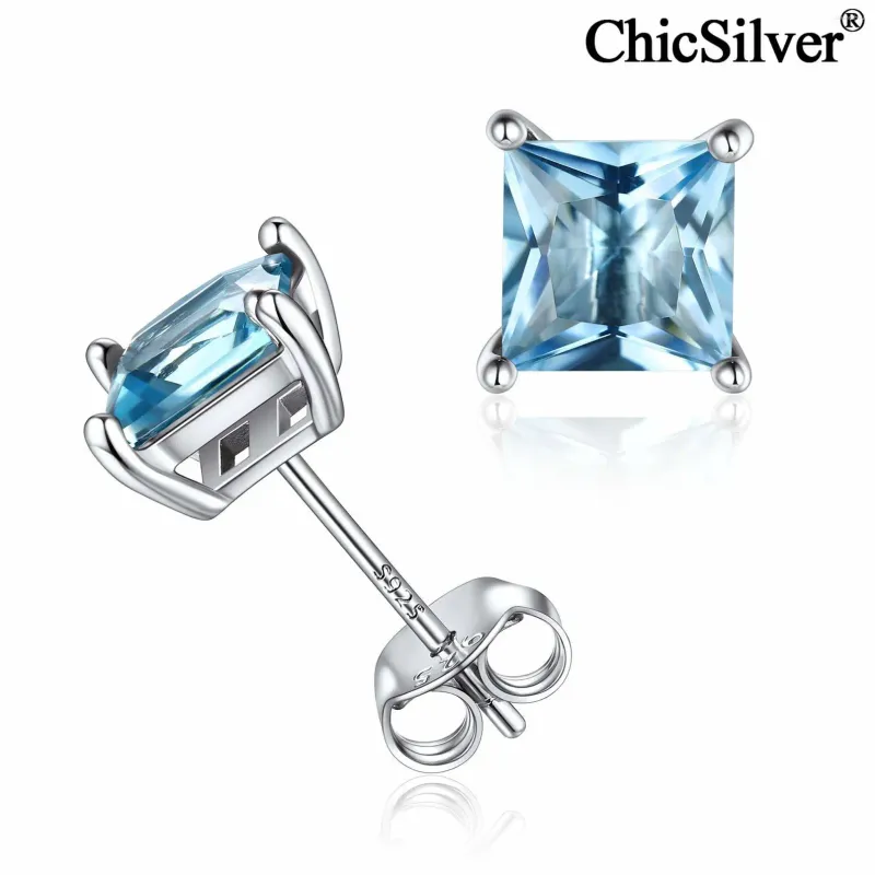 Stud Oorbellen ChicSilver Princess Cut Geboortesteen 925 Sterling Zilver Tiny Sierlijke Sprankelende Verjaardag Edelsteen Sieraden Voor Vrouwen