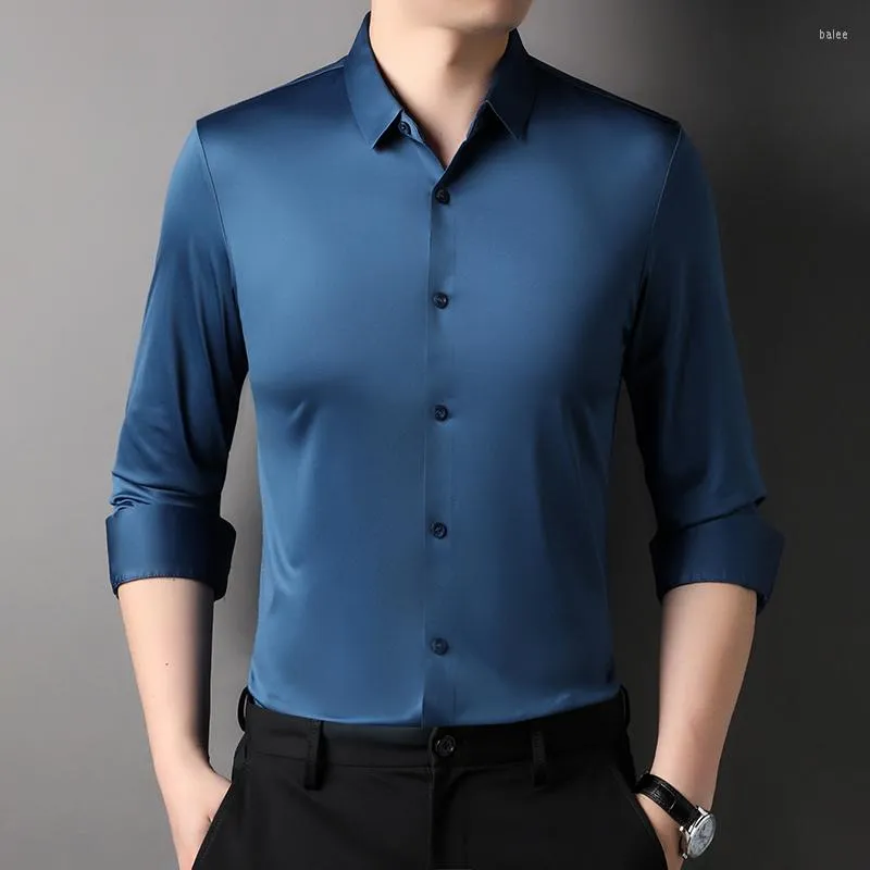 Męskie koszule zwykłe niebieskie gładkie rozciąganie męskie odzież 2023 Prace biznesowe Mężczyzny Jedwab przytulny elastyczna bluzka duża rozmiar bordowa sukienka