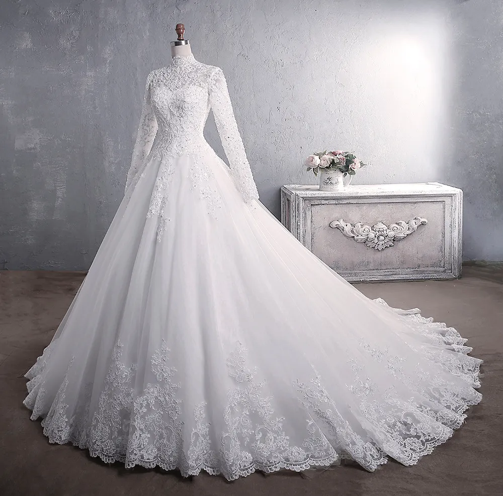 2024 Robe de mariée musulmane modeste manches longues élégant col haut avec train princesse robes de mariée de luxe dentelle broderie robe de mariée robe de noiva