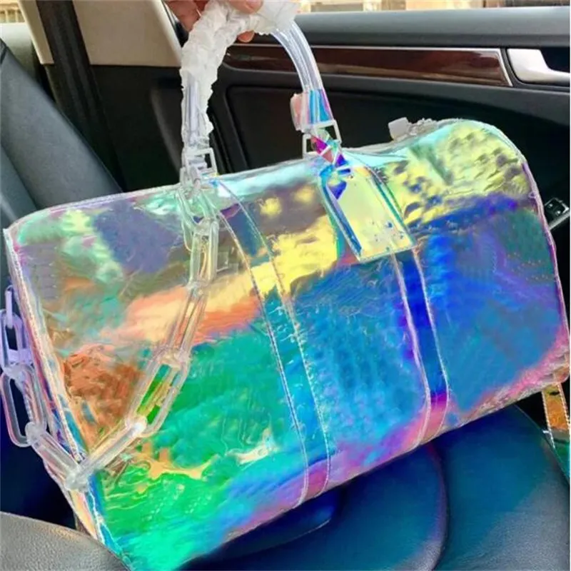 2023 Unisexe Bagages Sac fourre-tout Voyage Sacs à main Sports gym Épaule Bandoulière Designer sacs Laser Pvc Transparent Duffle Sacs Brillant Couleur L floral