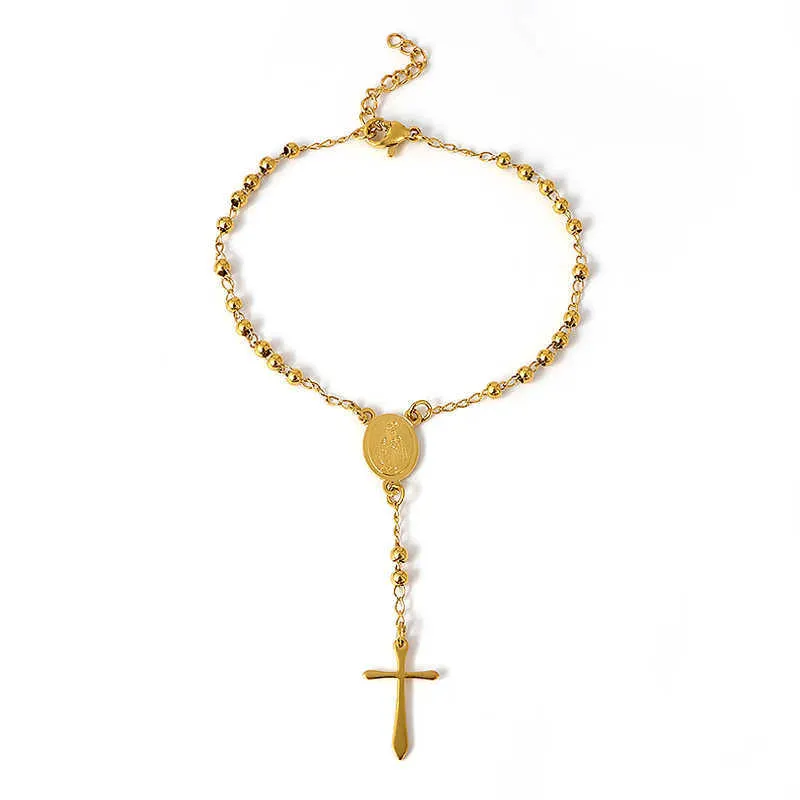 Bransoletki Bracelety Charm Long Tassel Cross Cross Bransoletka dla kobiet biżuteria stalowe koraliki różańce bransoletki Choker łańcuch bransoletka chrześcijańska religia Z0426