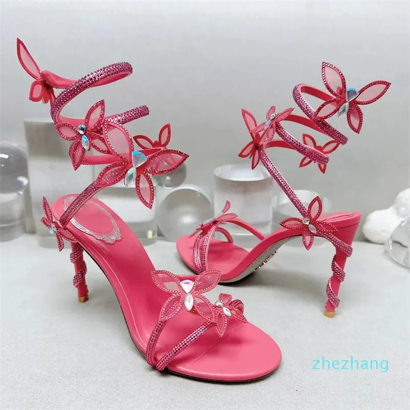 2023-High klackar Sandaler Designer Kvinnor Klädskor 9,5 cm Serpentin Wraparound Crystal Bow Fashion Party Stiletto Heel Wedding Shoe