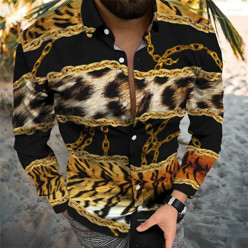 Camicie casual da uomo Abbigliamento da uomo Camicia a maniche lunghe Stampa leopardata Moda per uomo Abbottonatura Polo Risvolto Top 2023