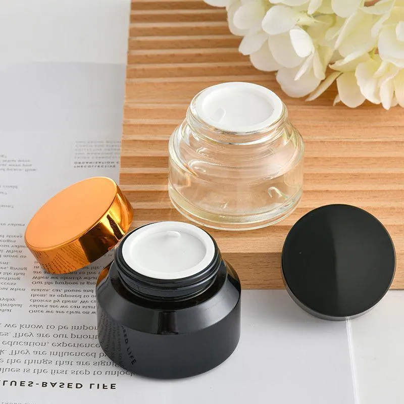 15g 30g 50g Amber Clear Cream Glass Jars Empty Container Refillable Cosmetic Bottle with White Inner Liners and Black Gold Lids Xckuw