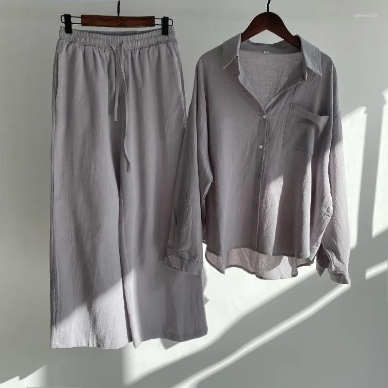 Summer Fashion Casual Cotton Linen Long Sleeve Lapel Suit Top+Pants Two  Piece Set For Women Spring Chic Elastic Waist Pant Sets