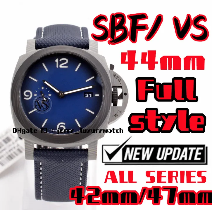 SBF / vs Luxury Men's Watch PAM1663 Kolfiber, 44mm All Series Alla stilar, exklusiv P90 -rörelse, det finns 42, 47 mm andra modeller, 316L Fine Steel