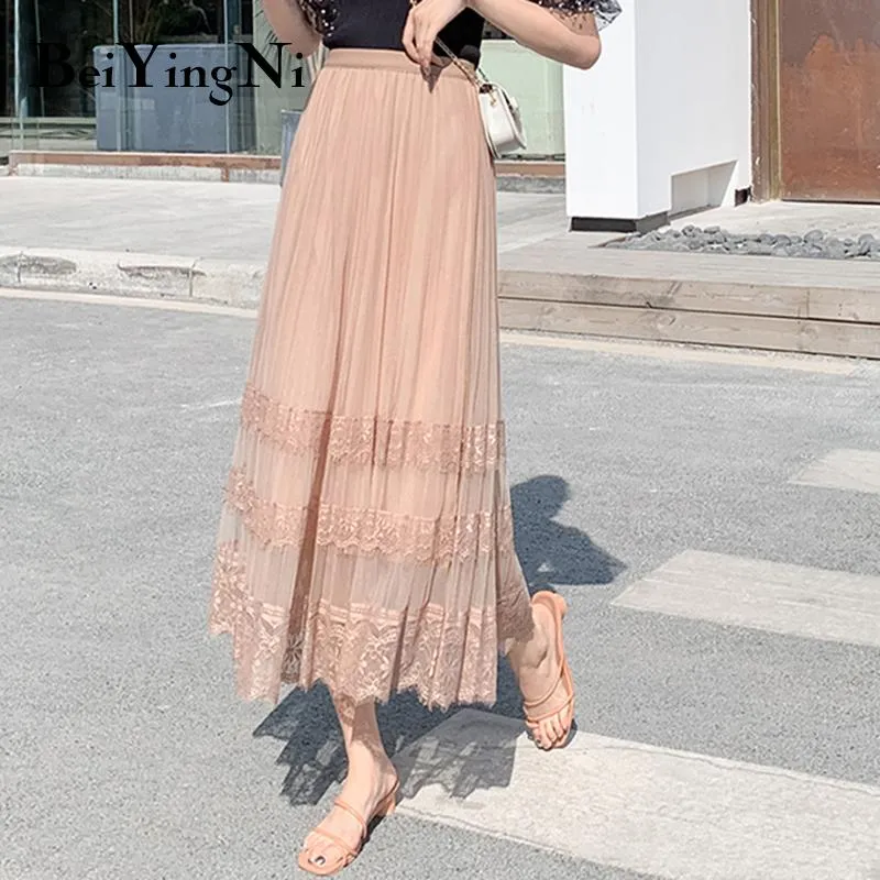 Dresses Beiyingni 2020 Summer Lace Patchwork Casual High Waist Midi Tulle Skirt Woman Vintage Charming Long Tutu Skirt Ladies White Pink