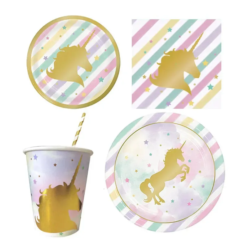 Kerstversiering 34-delig Bronzing Eenhoorn Wegwerpfeestservies Unicornio Verjaardag Kinderbabyshower voor 6 personen 231124