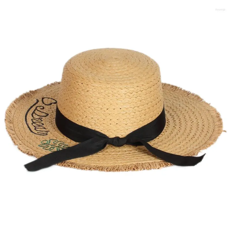 Brede rand hoeden groothandel geborduurd grote vrouwen en dame zomer strandpapier floppy rietje met bowknot