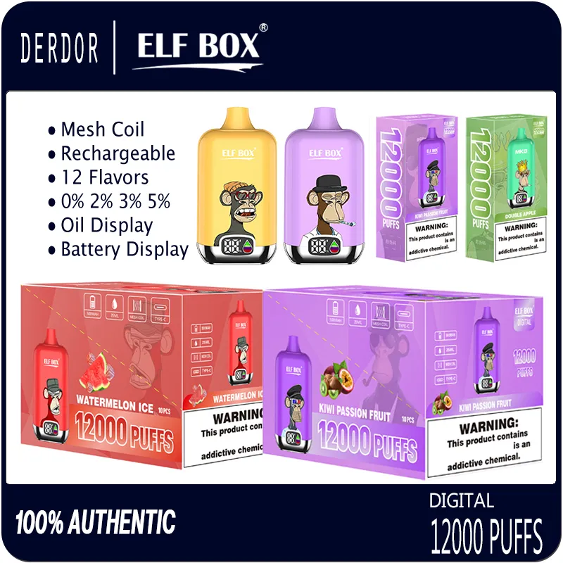 Puff 12K Elf Box Digital 12000 Puffs E Cigarros Descartáveis com Display 0% 2% 3% 5% Bobina de Malha Vaporizadores Recarregáveis 12 Sabores