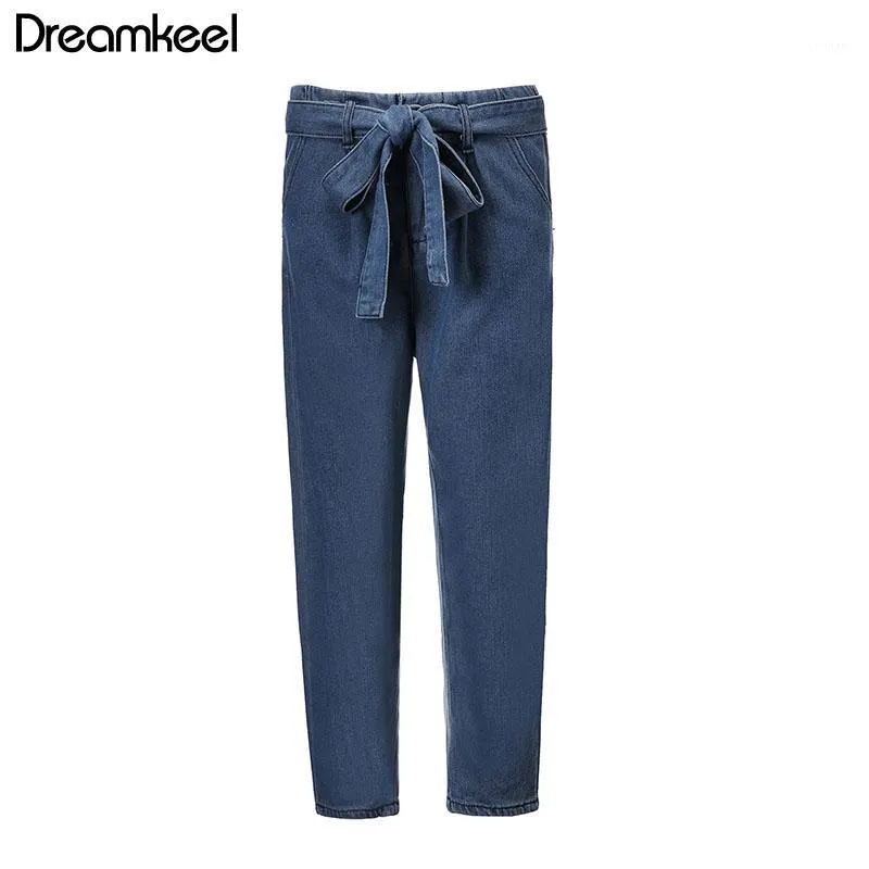 Women's Jeans Nine-minute Trousers Women Hight Waisted Loose Bow Bandage Hole Denim Straight Stretch Pants Jean Casual Y