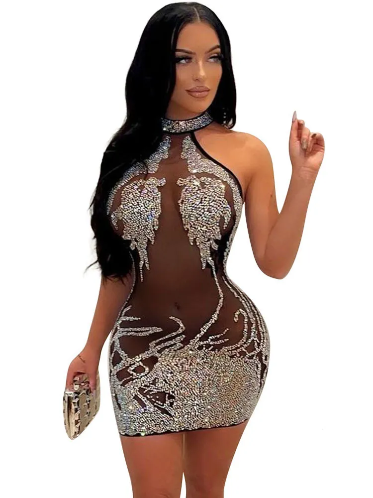 Casual Dresses Sexy Mesh Short Prom Evening Mini Dress See Through Outfits Luxury For Women Night Club Party Diamond Bodycon Dresses 230425