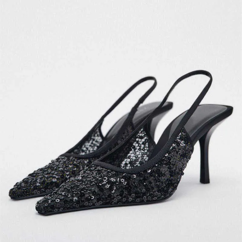 Sandaler Kvinnor Summer Sequins High Heels Pointe Toe Black Heeled Slingbacks Shoes Woman Sexiga pumpar Damer Bling Stiletto Sandal 230406