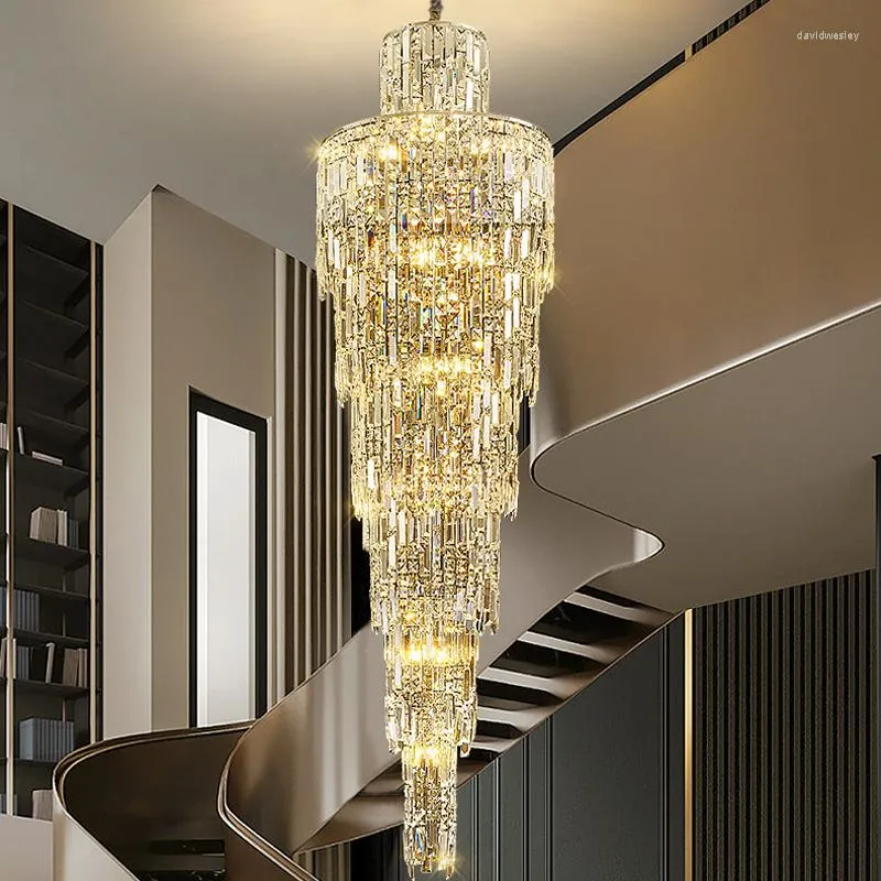 Lustres Long Cristal Lumières Luminaire Américain Moderne Grand Lustre Pour Les Maisons Européenne De Luxe Escalier Villa Hall Lustre