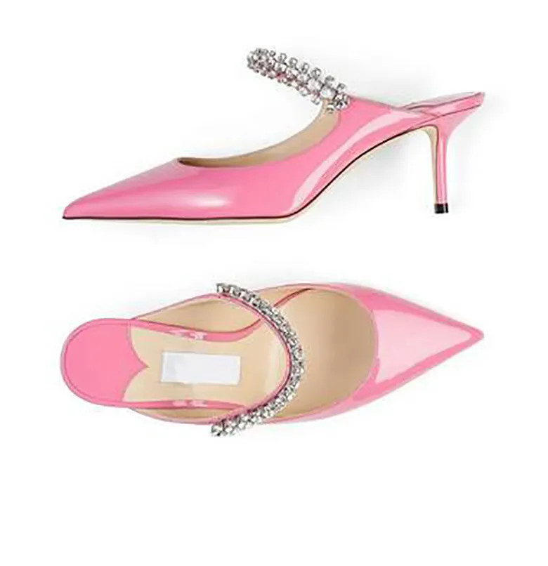Fashion Women Sandals Pointed Rhinestone Muller Semi-trailer Flat Shoes Patent Leather Shallow French High Heel Women's Shoes Slippers Semi drag Shoes Desigers
