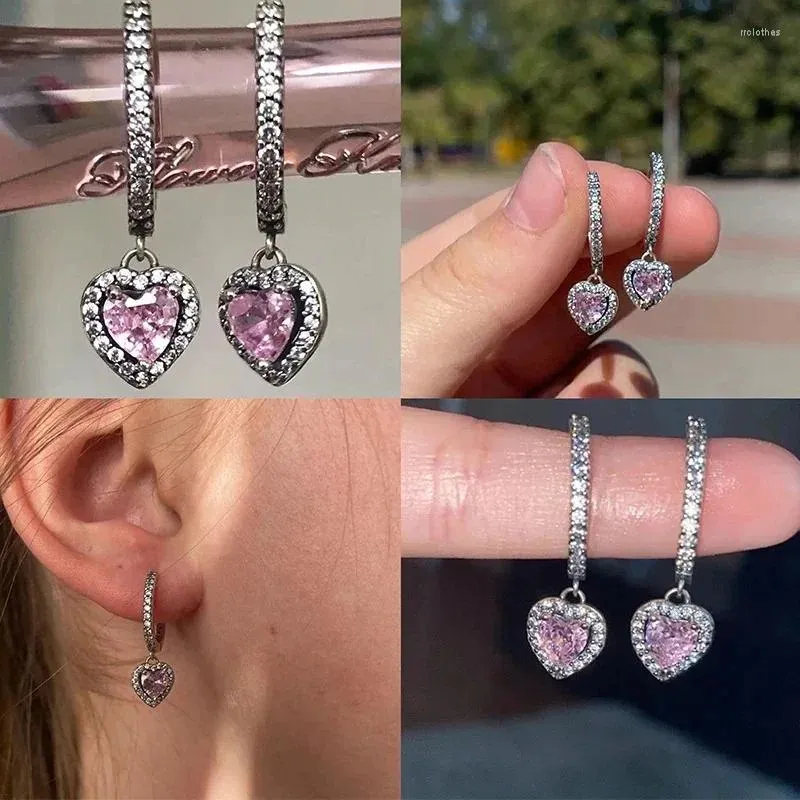 Hoop örhängen kvinnors charm 925 Sterling Silver Classic Shiny Pink Heart Shaped Earstuds Valentine's Day Fashion Jewets Gifts