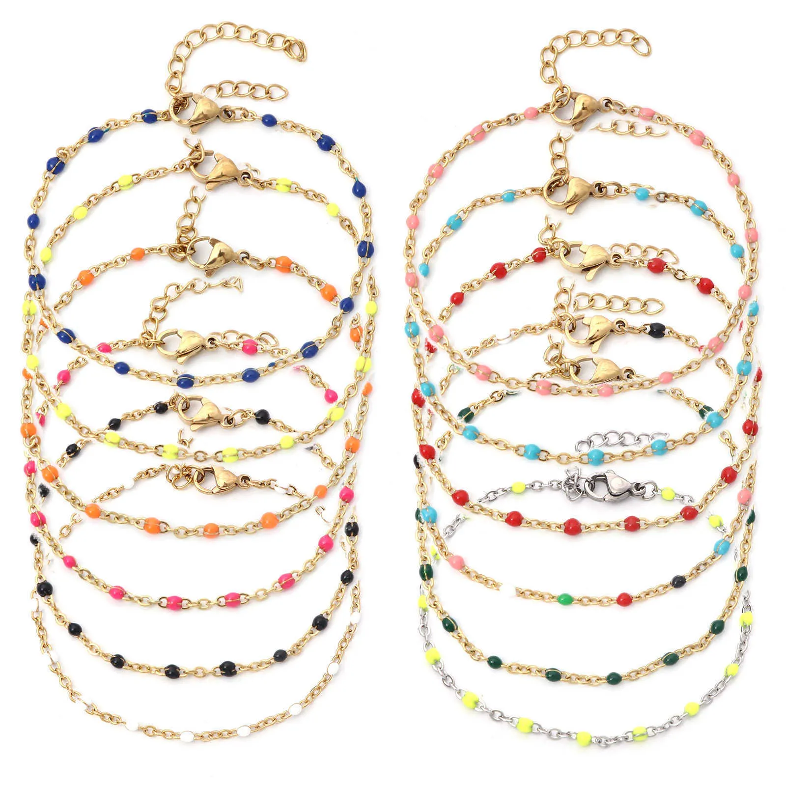 Charm Bracelets 304 Stainless Steel Link Cable Chain Bracelets Gold Color Metal Chains Multicolor Enamel For Women Jewelry Gifts 17cm long1PC Z0426