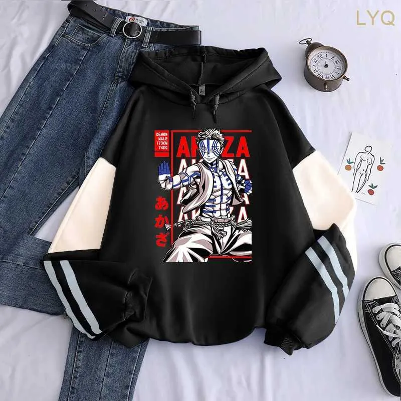 Sudaderas con capucha para mujer Sudaderas Anime Demon Slayer Sudaderas con capucha Hombres Mujeres Cool Cartoon Akaza Kimetsu no Yaiba Sudadera Invierno Tallas grandes Unisex Patchwork Jerséis