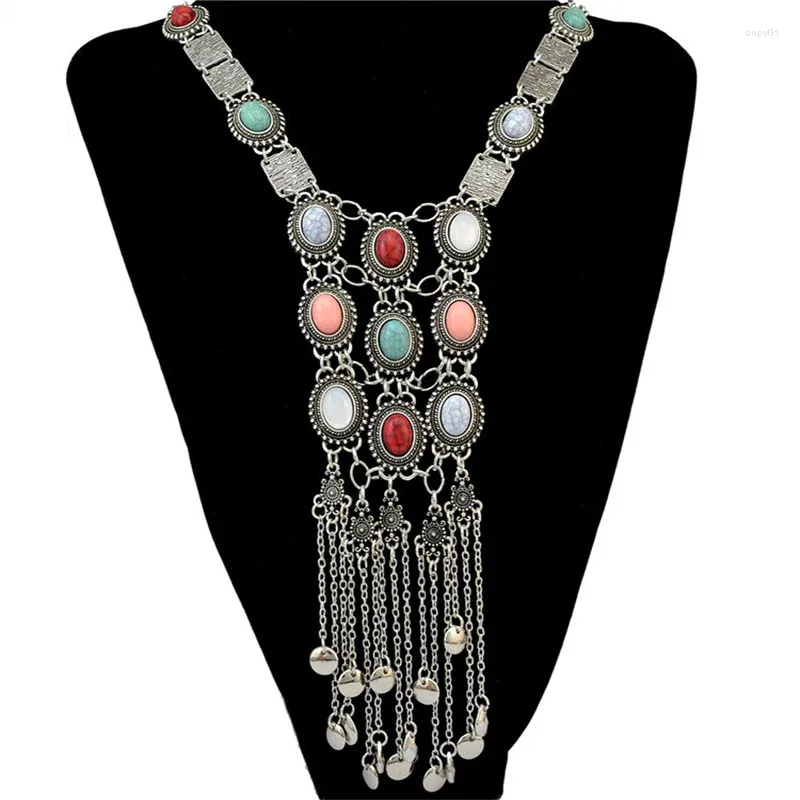 Pendentif Colliers Bohème Strass Silvertone Golden Turquoise Collier Long Boho Pierre Déclaration Ethnique Tribal Pour Femmes 70cm