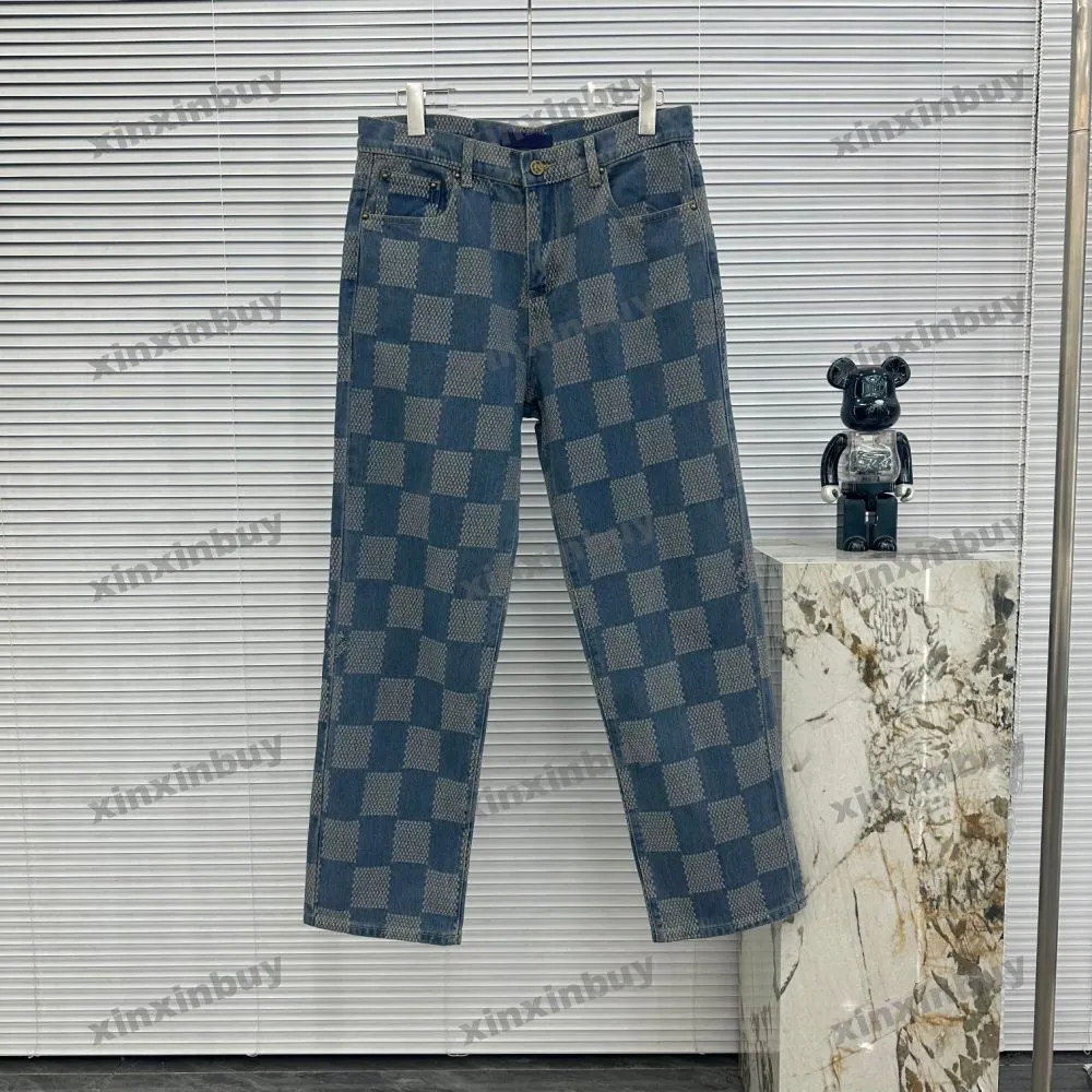Xinxinbuy Мужчины женщины дизайнерские джинсы брюки шахматная сетка звездное небо жаккардовые комплекты с буквами джинсовые весна лето повседневные брюки черный синий серый XS-2XL
