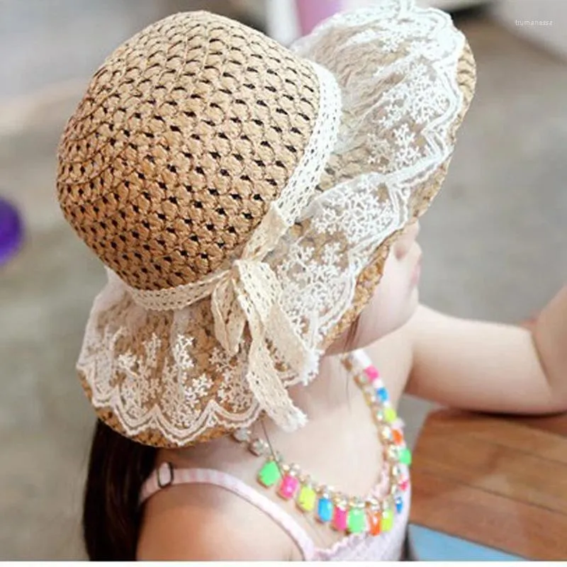 Berets Summer Woman Sun Hat Kid Cap Beż Beige Lace Bowknot Flowers Ribbon Flat Top Hats Hats Caps Panama Seaside