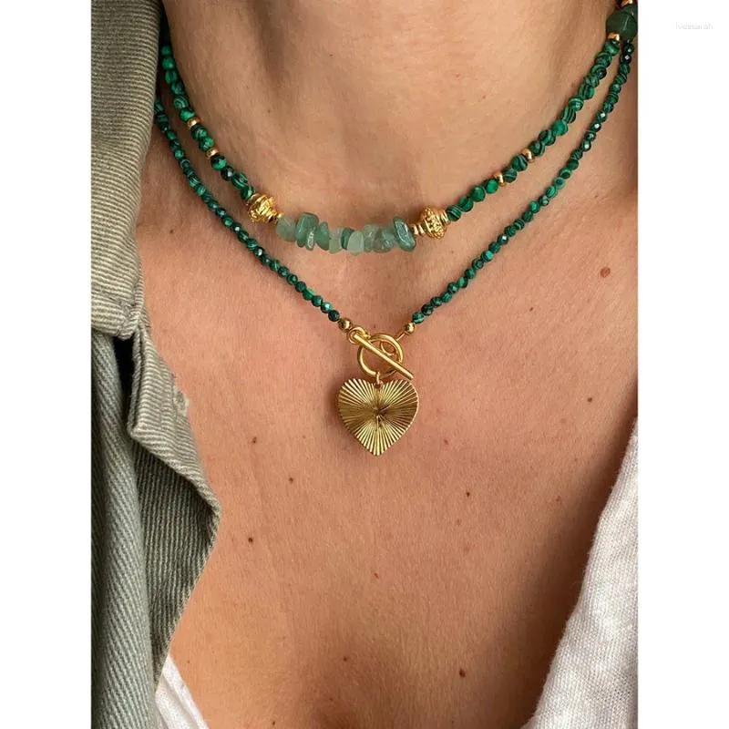 Choker High Grade Retro Green Natural Stone Beaded Collarbone Chain Niche Design Foldable Fashion Love Pendant Necklace For Women Jewel