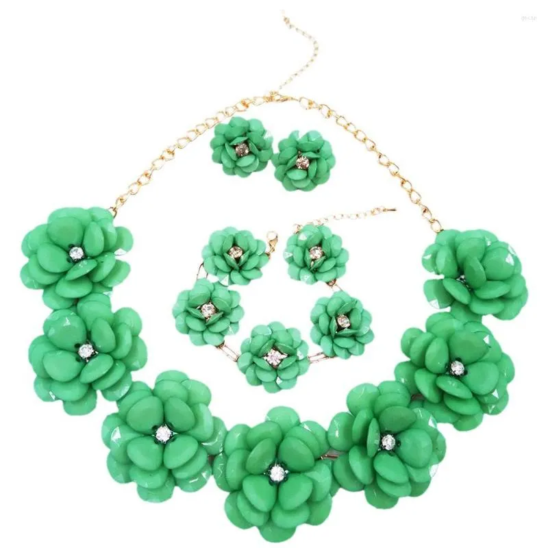 Necklace Earrings Set Stylish Mint Green Flower African Beads Jewelry