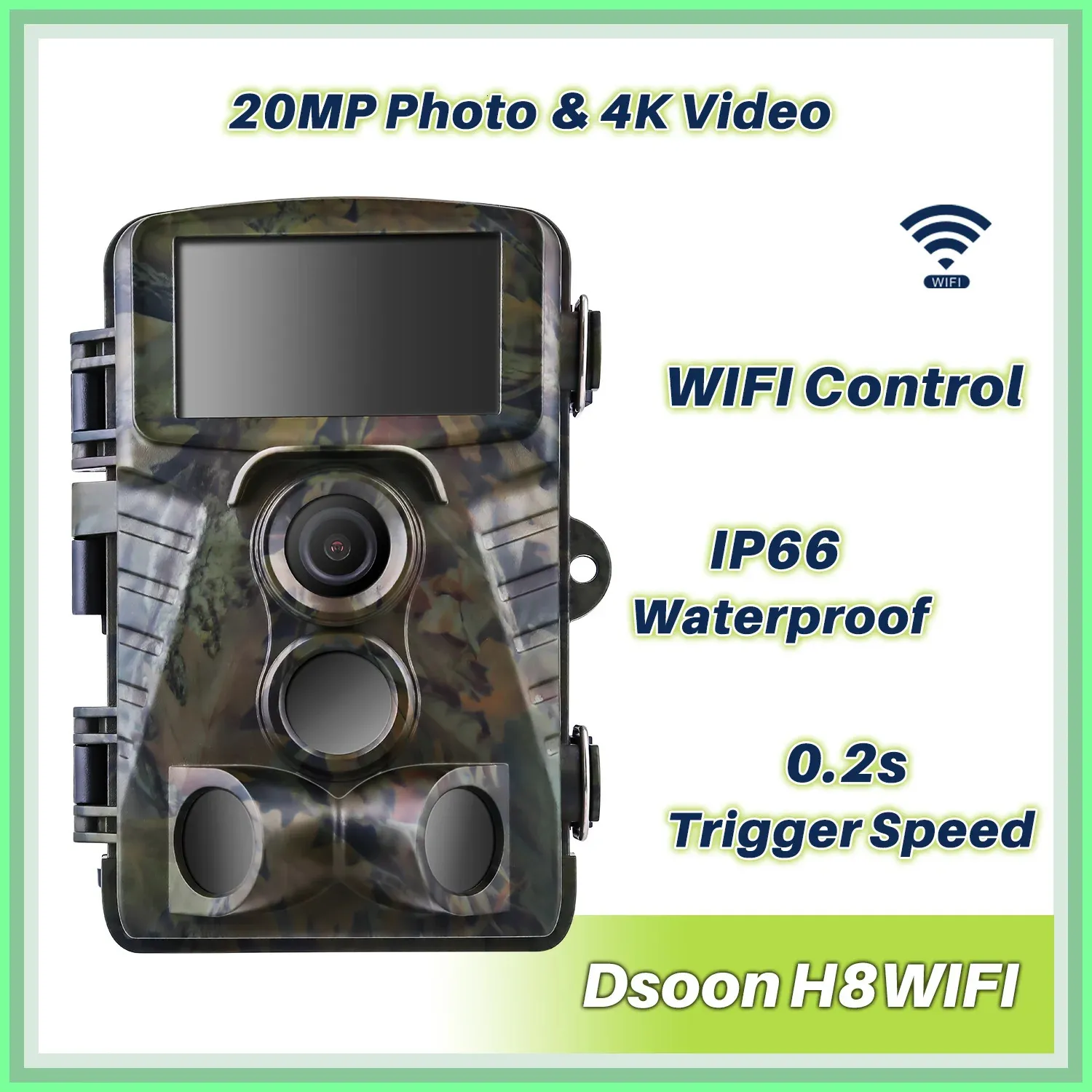 Kamery myśliwskie Dsoon Hunting Camera H8wifi 20mp 4K Wild Animal Trail Podwójna kamera aplikacja Wi -Fi Kontrola Nocna wizja Wodoodporna Wildlife Infrared 231124