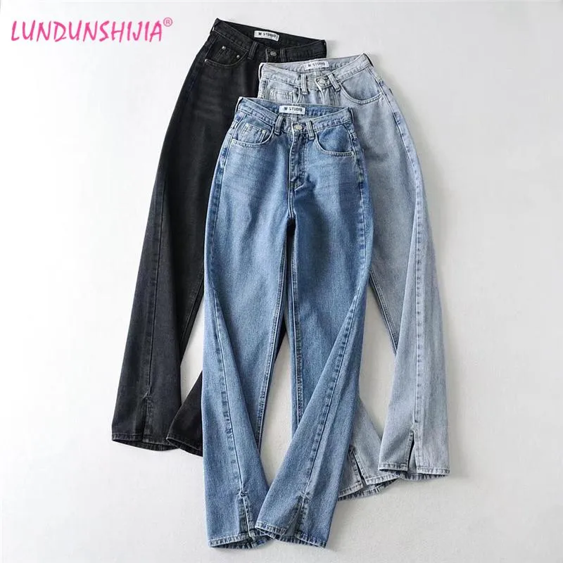 Jeans LUNDUNSHIJIA 2022 Primavera Autunno Donna New Retro Vita alta Slim Fessura Lavare Pantaloni Scuri Pantaloni a gamba larga Jeans 5 colori