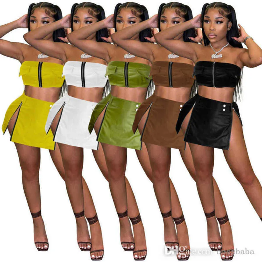 2023 Women 2 Piece Dress Solid Color Crop Top PU Leather Zipper Belt Slit Two Piece Skirt Set New Outfits Women's Sets