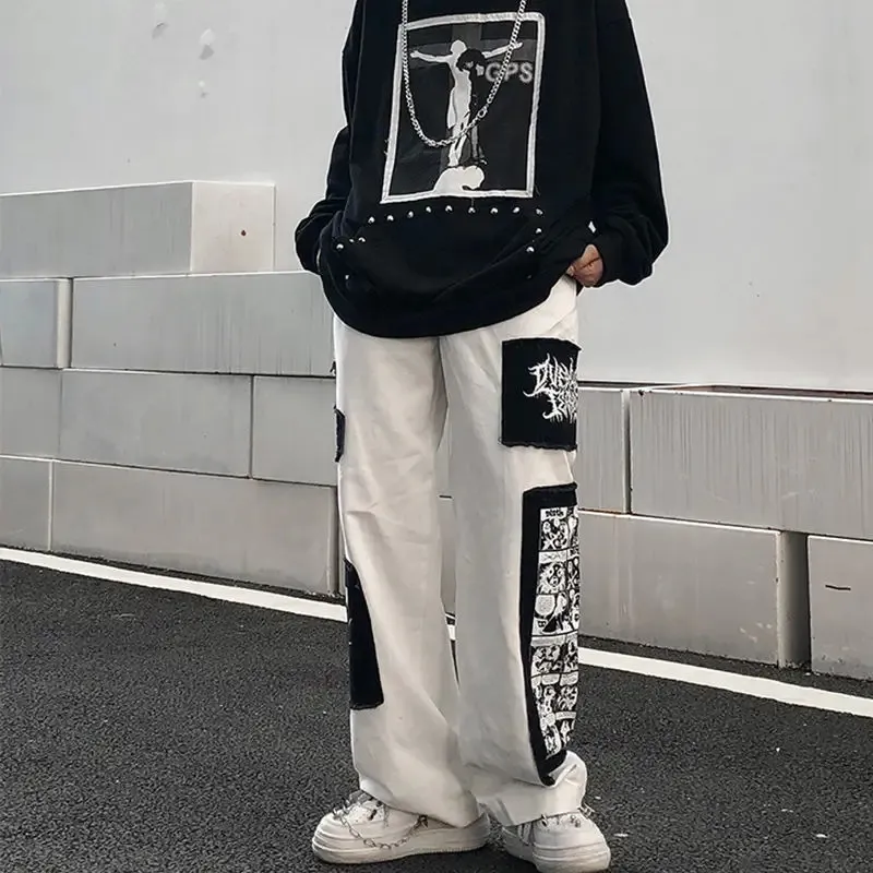 Pantaloni da uomo HOUZHOU Y2K Pantaloni a gamba larga Pantaloni cargo neri Maschio Hip Hop Bianco Casual Harajuku Gotico Giapponese Streetwear Patchwork 5XL 231124